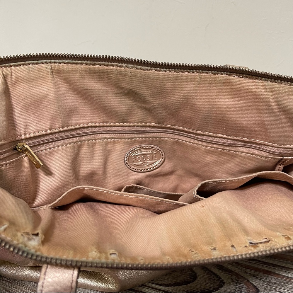 Fossil Sydney Shopper Tote Shoulder Bag Cowhide Leather Metallic Gold Zip Close - Picture 10 of 16
